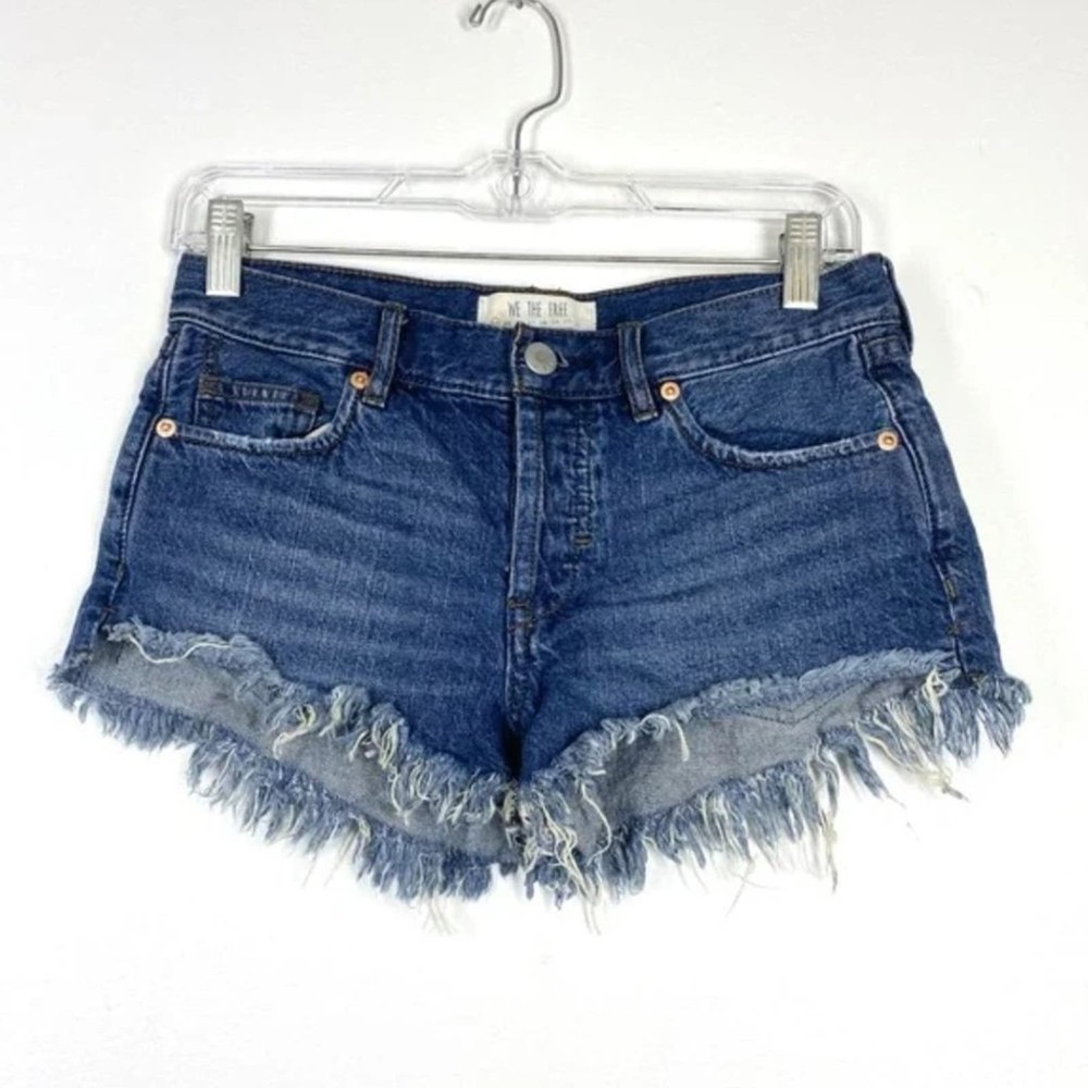 FREE PEOPLE Jean Cutoff Shorts Frayed Hem Denim 24 Button Fly